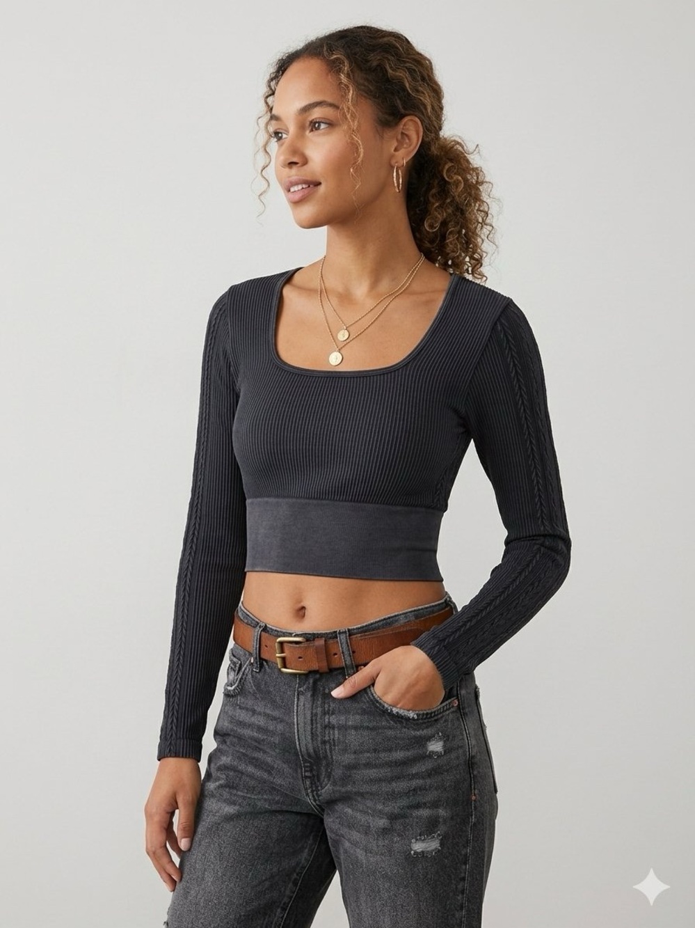 OFFLINE by Aerie Black Seamless Square Neck Ribbed Crop Top Large